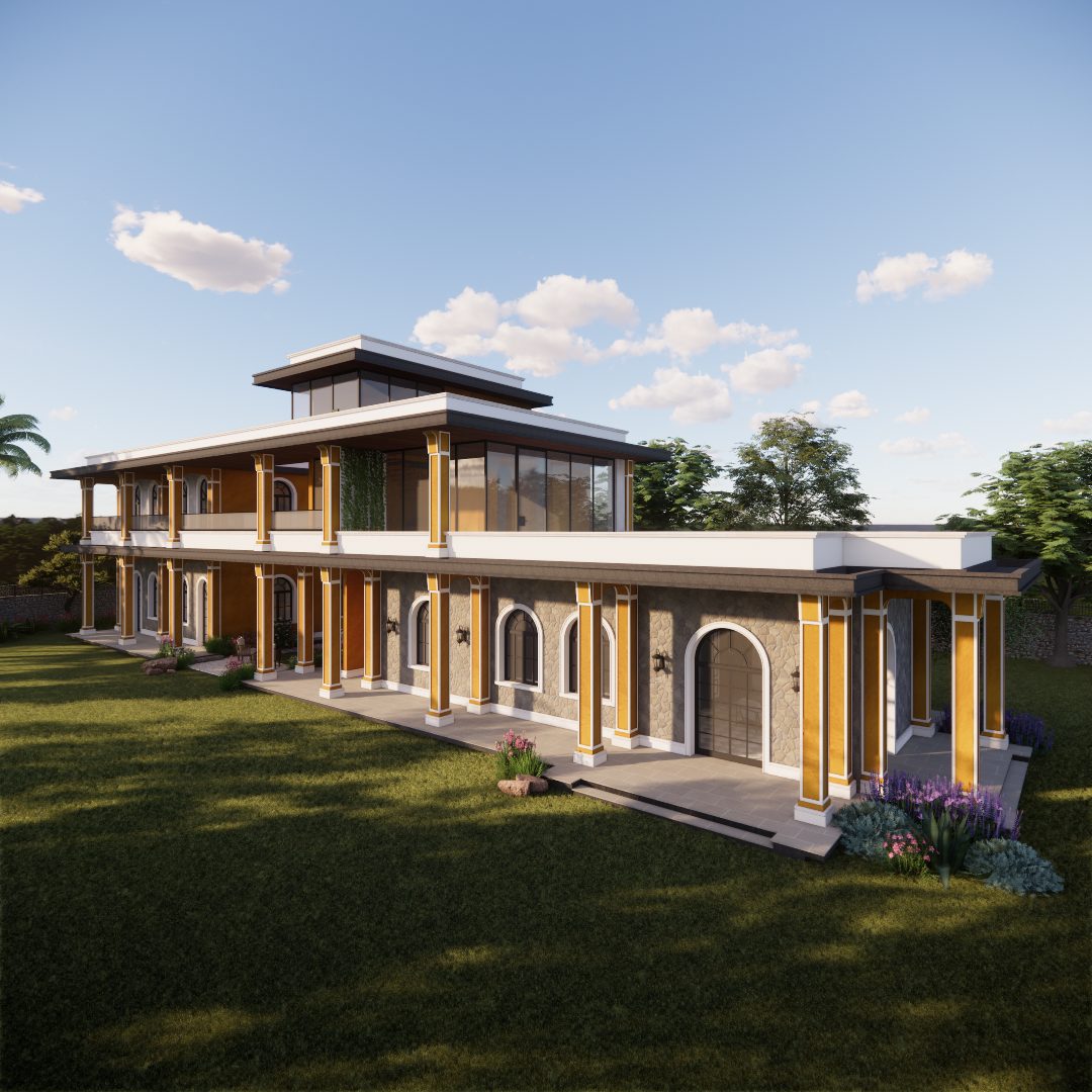 atelier-shreenu-enscape-3d-render-exterior-long-elevation-two-storey-house-lawn-blue-sky